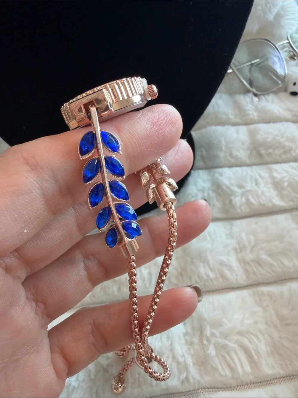 Rose Gold Bracelet Watch with Blue Dial and Blue Leaf Accents